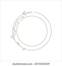 Circle botanical floral frame monochrome line art decor element for logo vector illustration. Round border natural branch with leaves and flower contour minimalist design for invitation emblem