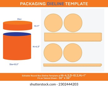 Circle Box, round lid gift box dieline template with the dimension H1 4.3, D 10.2, H2 1 Inch