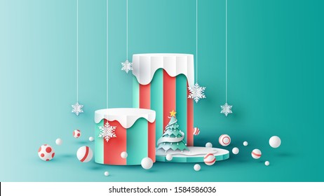 Circle box for used place your product in Christmas decorated with Christmas tree ornaments, balls and snowflake hanging down. Merry Christmas. paper cut and craft style. vector, illustration.