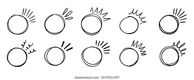 circle brackets doodle line for quotation set. sparkle ray elements. Hand drawn round frame for title or headline. Speech bubble blob circle for design. Vector illustration
