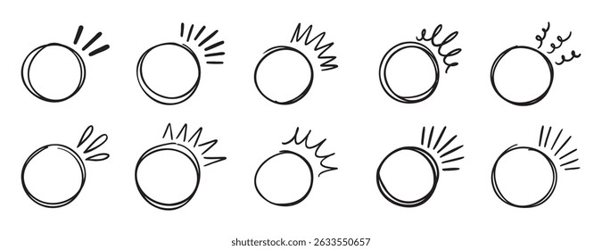 circle brackets doodle line for quotation set. sparkle ray elements. Hand drawn round frame for title or headline. Speech bubble blob circle for design. Vector illustration