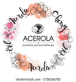 Zirkel mit Ast-Acerola Kirsche, Obst, Blume und Schrift. Detaillierte handgezeichnete Skizzen, vektorbotanische Illustration. 