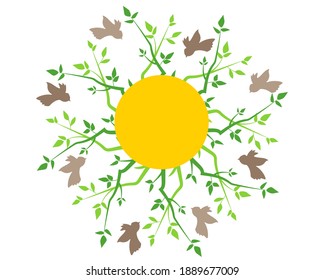 Un círculo de ramas y pájaros con un centro en forma de sol. Ilustración de vectores de primavera