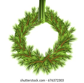 A circle of branches of a green Christmas tree on a white background. Vector illustration of a festive unpainted wreath. Eps 10