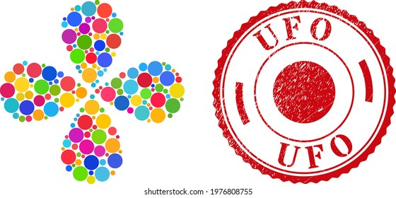 Circle bright curl abstract flower, and red round UFO grunge seal. Circle symbol inside round stamp print. Element flower with 4 petals combined from scattered circle items.