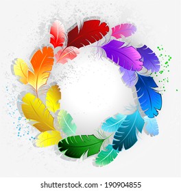 Circle of bright rainbow feathers on light background.