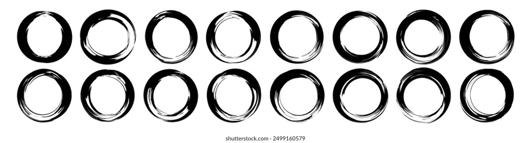 Círculo conjunto de cepillo. Círculos del Grunge. Círculos de pincel Tinta. Anuncios de textura sucia. marco de pintura dibujado a mano para el logotipo de diseño, Anuncio, tarjetas. Ilustración vectorial