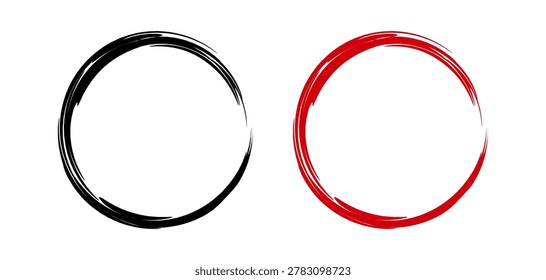 Circle brush stroke Chinese boarder. Red, Black circular border isolated on white background. Japanese frames. Round calligraphy China pattern. Paint element. Drawn design prints. Vector illustration