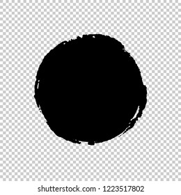 Circle Brush Stroke. Ink print of stamp. Distress Frame. Black round banner, logo, design element. Seamless transparent background with a chessboard. Vector illustration for your design