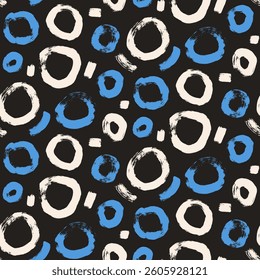 Circle brush stroke seamless pattern. Polka dots endless background. Paint tribal decor repeat cover. Abstract continuous ornament. Surface pattern design round swatch motif. Vector hand drawn bg.