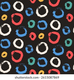 Circle brush stroke seamless pattern. Polka dots endless background. Paint tribal decor repeat cover. Abstract continuous ornament. Surface pattern design round enso motif. Vector hand drawn bg.