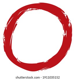 Circle in brush stroke style made with red paint, isolated over white background.