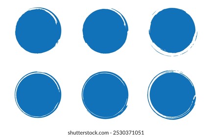 Circle brush stroke vector isolated on white background. Blue grunge hand drawn circle shapes. Vector illustration.