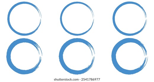 Circle brush stroke vector isolated on white background. Blue enso zen circle brush stroke. For stamp, seal, ink and paintbrush design template. Grunge hand drawn circle shape, vector illustration.