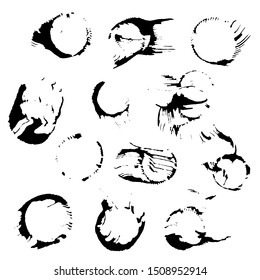 Circle brush strokes, isolated on white background. Vector set of ink circles, lines, dots. Round grunge design elements. Bottle bottom.
Circle dirty texture. Ink splatter. Stains with drops
