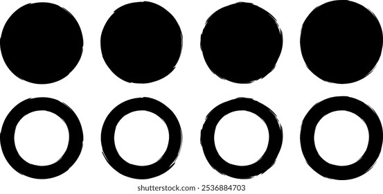 Circle brush strokes. For stamp, seal, ink and paintbrush design template. Round grunge hand drawn circle shape, vector illustration