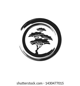 circle brushstroke with bonsai tree inside illustration logo design