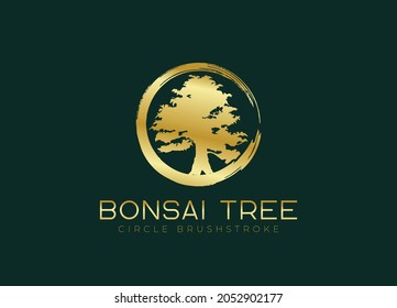 Circle brushstroke with bonsai tree logo, plant silhouette icons on white background.
