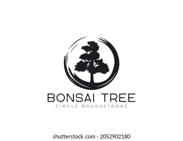 Circle brushstroke with bonsai tree logo, plant silhouette icons on white background.
