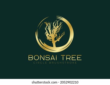 Circle brushstroke with bonsai tree logo, plant silhouette icons on white background.
