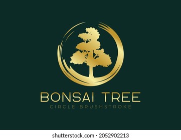 Circle brushstroke with bonsai tree logo, plant silhouette icons on white background.
