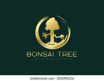 Circle brushstroke with bonsai tree logo, plant silhouette icons on white background.
