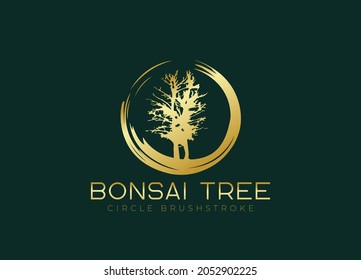 Circle brushstroke with bonsai tree logo, plant silhouette icons on white background.
