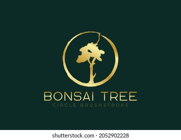 Circle brushstroke with bonsai tree logo, plant silhouette icons on white background.
