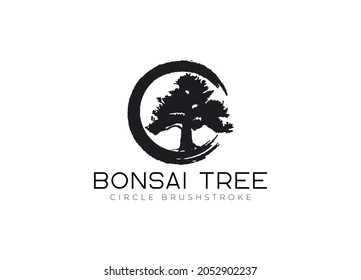 Circle brushstroke with bonsai tree logo, plant silhouette icons on white background.
