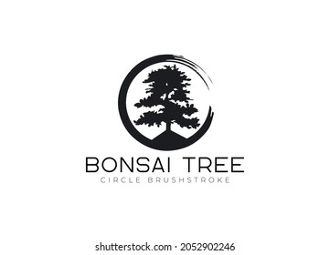 Circle brushstroke with bonsai tree logo, plant silhouette icons on white background.
