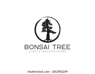 Pincelada circular con el logotipo del árbol bonsai, iconos de silueta de planta sobre fondo blanco.
