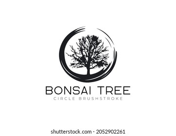 Circle brushstroke with bonsai tree logo, plant silhouette icons on white background.
