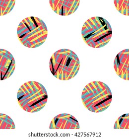 Circle brushstrokes seamless bold pattern. Vivid colors. 80s-90s fashion style