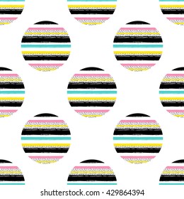 Circle brushstrokes seamless bold pattern. Vivid colors. 80s - 90s fashion style