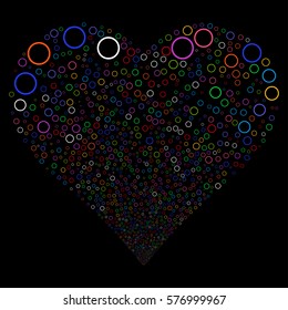 Circle Bubble fireworks with heart shape. Vector illustration style is flat bright multicolored iconic symbols on a black background. Object valentine heart organized from confetti pictograms.