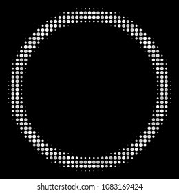 Circle bubble halftone vector icon. Illustration style is pixel iconic circle bubble symbol on a black background. Halftone matrix is created with spheric cells.