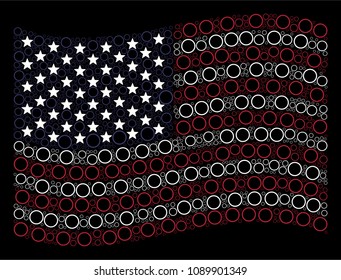 Circle bubble icons are arranged into waving United States flag mosaic on a dark background. Vector collage of USA state flag is designed of circle bubble items.
