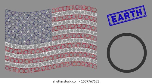 Circle bubble symbols are combined into United States flag stylization with blue rectangle rubber stamp watermark of Earth phrase.