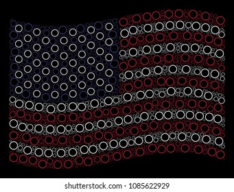 Circle bubble symbols are composed into waving United States flag stylization on a dark background. Vector collage of American state flag is combined with circle bubble elements.
