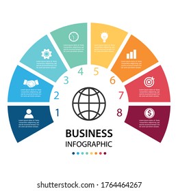 circle business infographic with eight elements around center. business strategy step planning concept. vector illustration in flat design. can be used for workflow layout, diagram, web design.