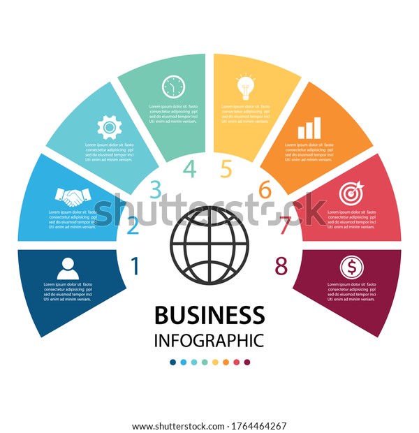 circle business infographic with eight elements\
around center. business strategy step planning concept. vector\
illustration in flat design. can be used for workflow layout,\
diagram, web design.