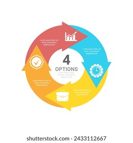 Circle business infographic template with 4 steps or options and arrows. The concept can be used for diagram, graph, chart, business presentation or web. Vector design element illustration.