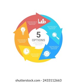 Circle business infographic template with 5 steps or options and arrows. The concept can be used for diagram, graph, chart, business presentation or web. Vector design element illustration.