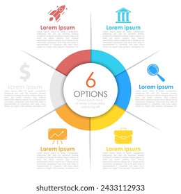 Circle business infographic template with 6 steps or options. The concept can be used for diagram, graph, chart, business presentation or web. Vector design element illustration.