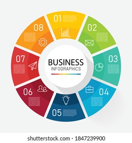 Circle business infographic template with eight options. can be used for process, presentations, layout, banner,infographic. business and finance concept. 8 icon to success. vector illustration.