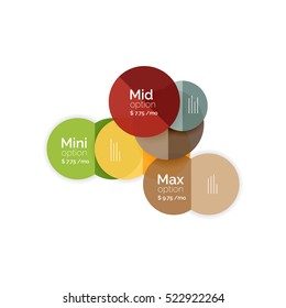 Circle business option diagrams. Select your product with sample options. A4 size geometric template. Brochure - flyer, presentation or web design background