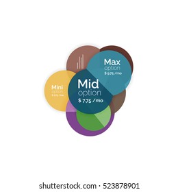 Circle business option diagrams. Select your product with sample options. A4 size geometric template. Brochure - flyer, presentation or web design background