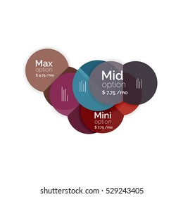 Circle business option diagrams. Select your product with sample options. A4 size geometric template. Brochure - flyer, presentation or web design background