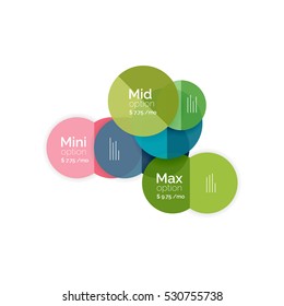 Circle business option diagrams. Select your product with sample options. A4 size geometric template. Brochure - flyer, presentation or web design background