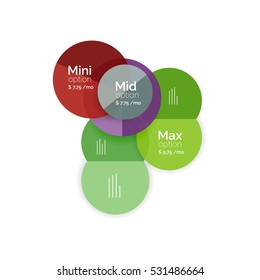 Circle business option diagrams. Select your product with sample options. A4 size geometric template. Brochure - flyer, presentation or web design background